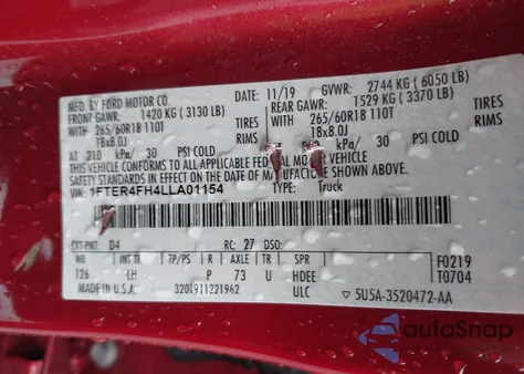 2020 Ford Ranger Xlt z USA, uszkodzony, nr VIN 1FTER4FH4LLA01154